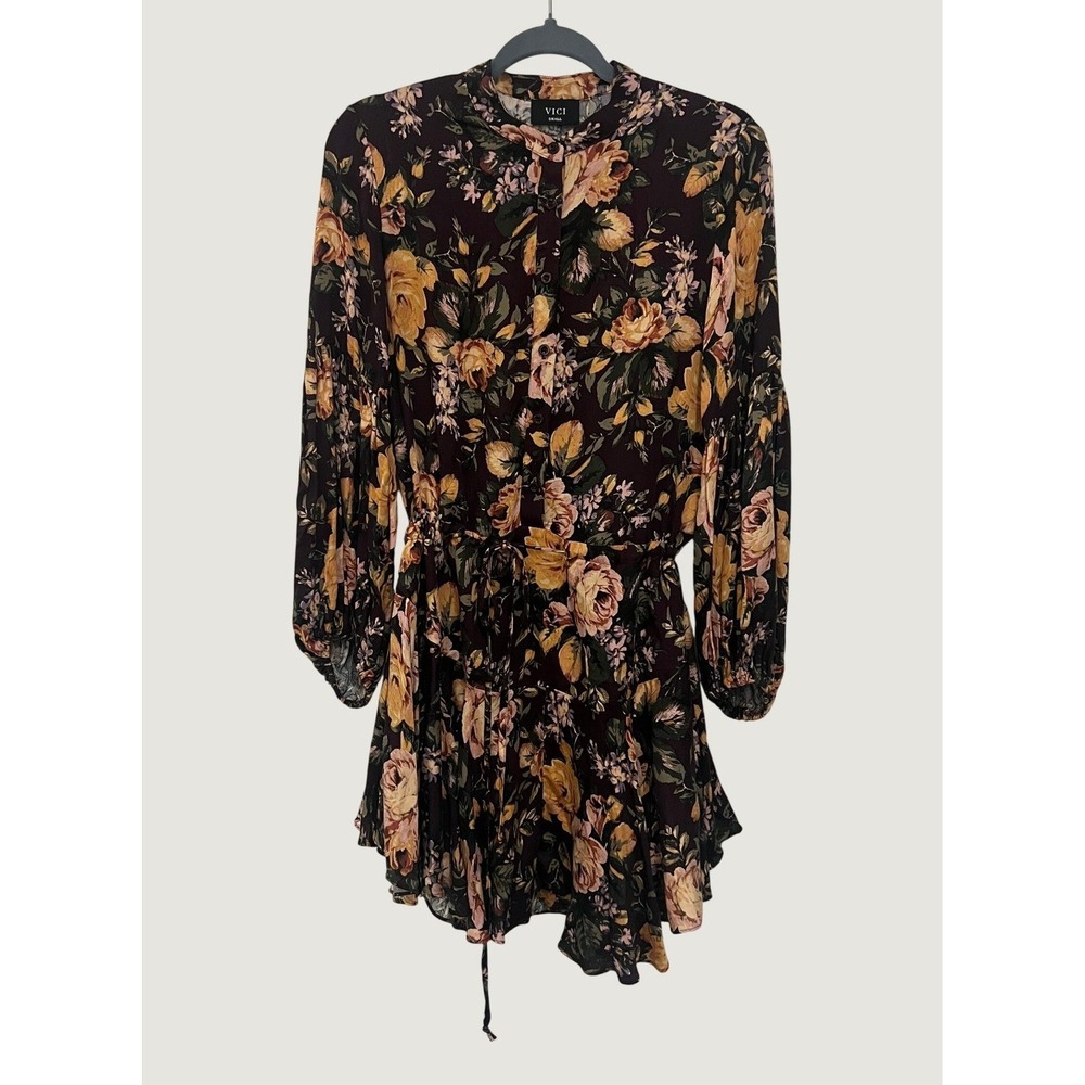 VICI Floral Mini Dress Womens Small Plum Gold Long Sleeve Excellent 1680